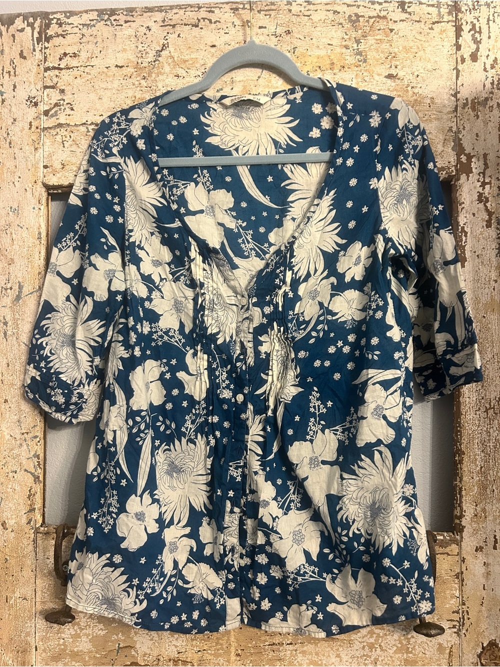 Old Navy Women’s Floral Teal Button-Front Blouse, 100% Cotton